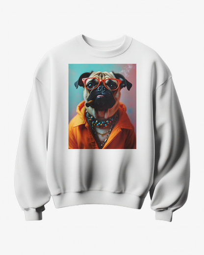Sweatshirt Pug Boss da Camalestore com estampa de pug e design confortável, em tecido macio e de cor neutra.