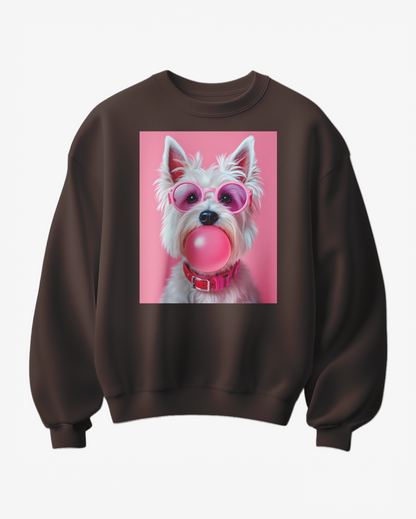 Sweatshirt Westie Pink Pop da Camalestore, confortável com estampa de cão Westie rosa, ideal para looks casuais e descontraídos.