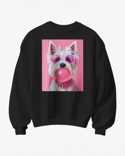 Sweatshirt Westie Pink Pop da Camalestore, com estampa de cão Westie cor-de-rosa, tecido macio e confortável.