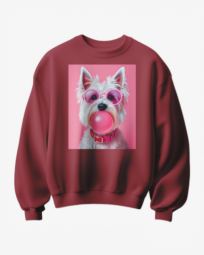 Sweatshirt Pink Pop com estampa de Westie, confortável e moderno, da marca Camalestore, mostrado na imagem.