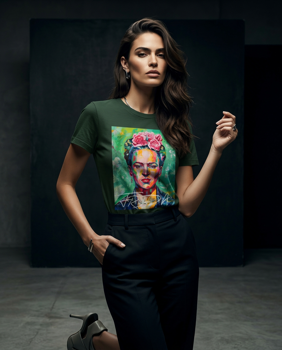 Camiseta Kahlo Chromatic da Camalestore em modelo feminino com silhueta forte e iluminação cinematográfica.