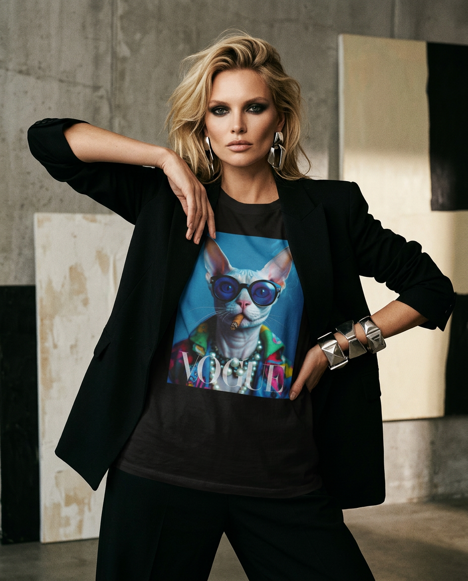 Camiseta Neo-Sphynx Studio da Camalestore, modelo loira vestindo a T-shirt com iluminação cinematográfica e composição assimétrica