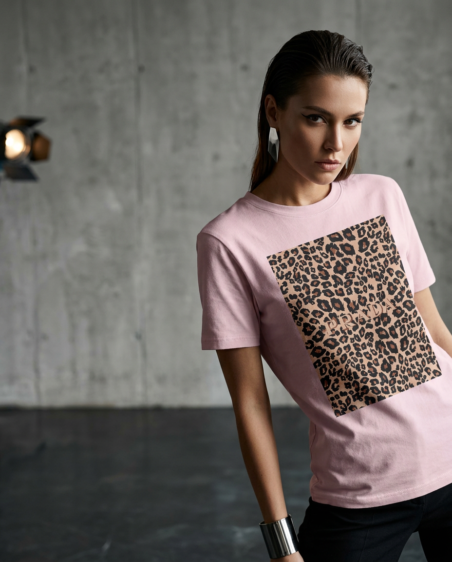 T-shirt Leopard Blush da Camalestore, modelo vestindo com silhueta forte e iluminação cinematográfica, composição assimétrica.