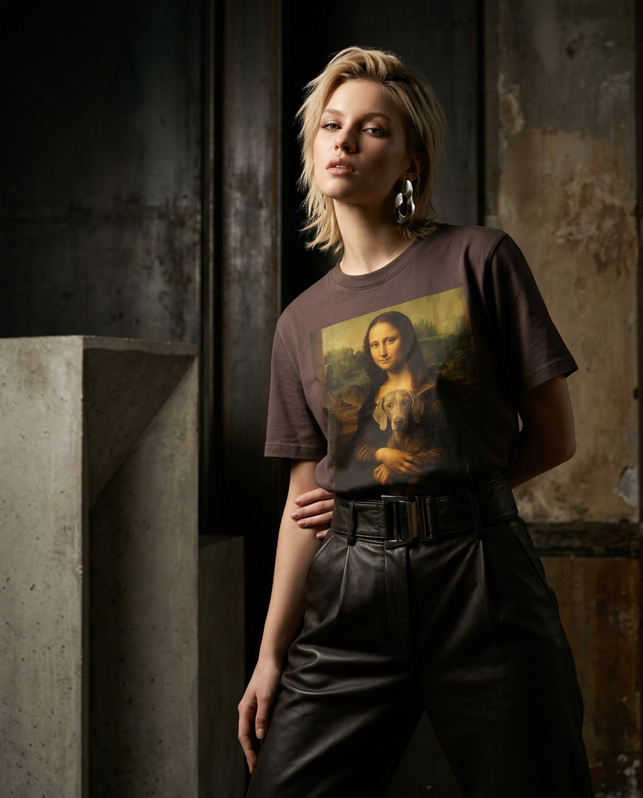 Camiseta Mona Wei da Camalestore, modelo posando com silhueta forte e iluminação cinematográfica em composição assimétrica.