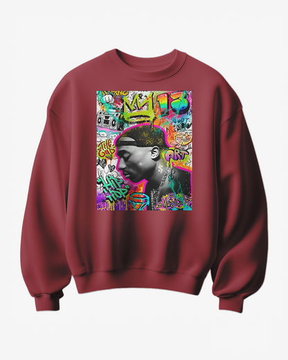 Sweatshirt Camalestore com design de graffiti de uma coroa, confortável e casual, com detalhes vibrantes na cor preta e branca.