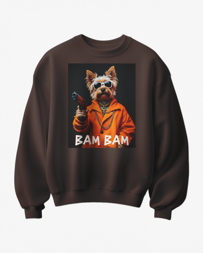 Sweatshirt Bam Bam da Camalestore, com design confortável, cor cinza e detalhes gráficos na frente, ideal para looks casuais